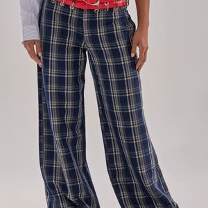 Navy Plaid Wide-Leg Women's Pants - Blue